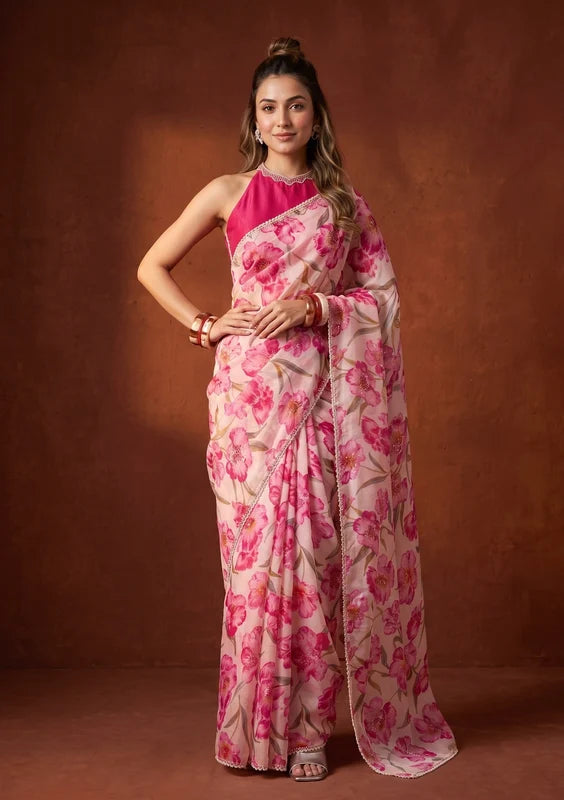 Off White Tissue Sequins Saree With Matching Blouse Piece