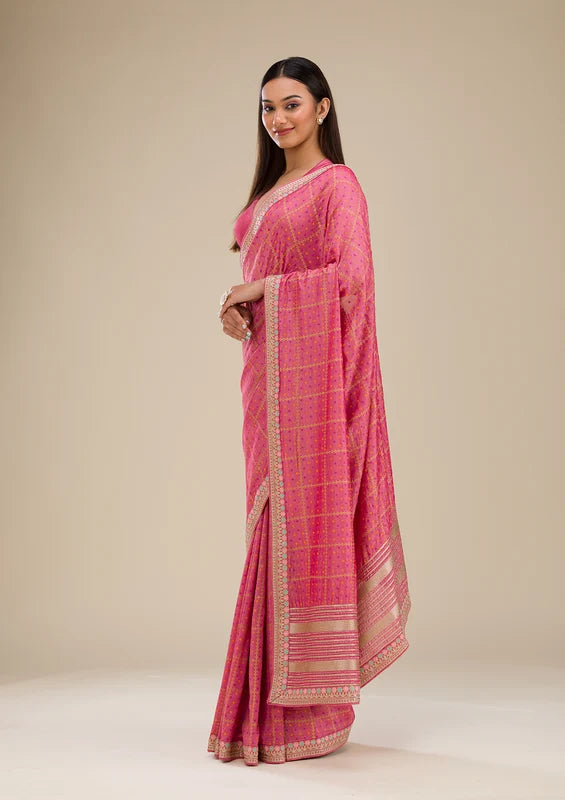 Pink Soft Raw Silk Gold Zariwork Saree With Matching Blouse Piece