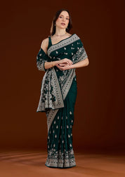 Bottle Green Soft Raw Silk Silver Zariwork Saree With Matching Blouse Piece