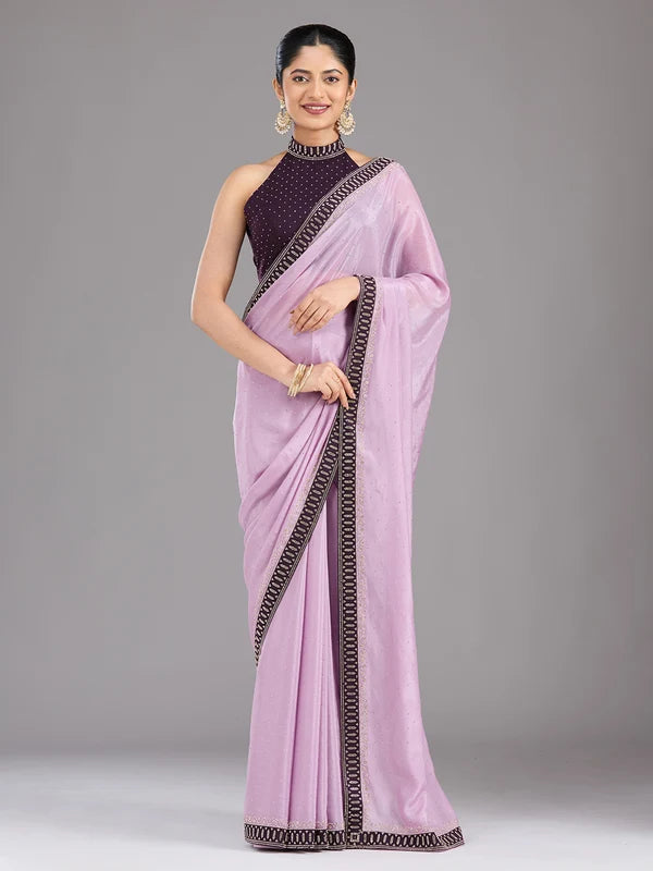 Lavender Satin Gold Stonework Saree With Matching Blouse Piece
