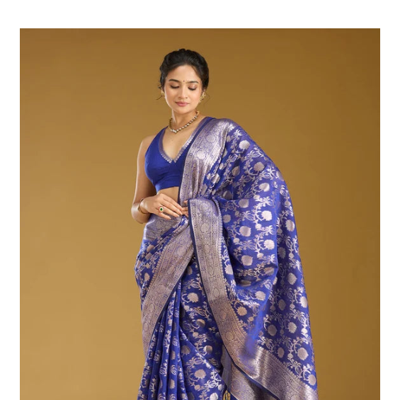 Royal Blue Cotton Jaal Zariwork Saree With Matching Blouse Piece