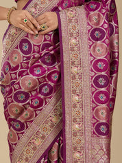 Wine Silk Jaal Gold Zariwork Saree With Matching Blouse Piece