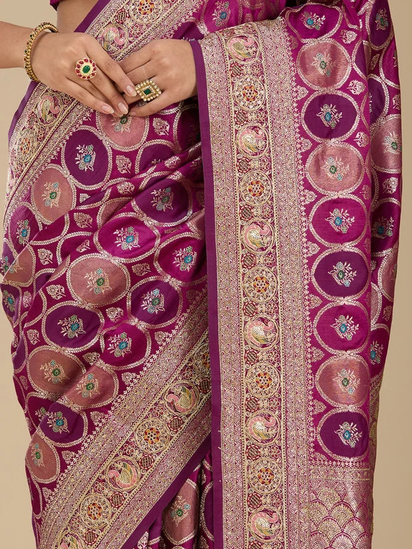 Wine Silk Jaal Gold Zariwork Saree With Matching Blouse Piece