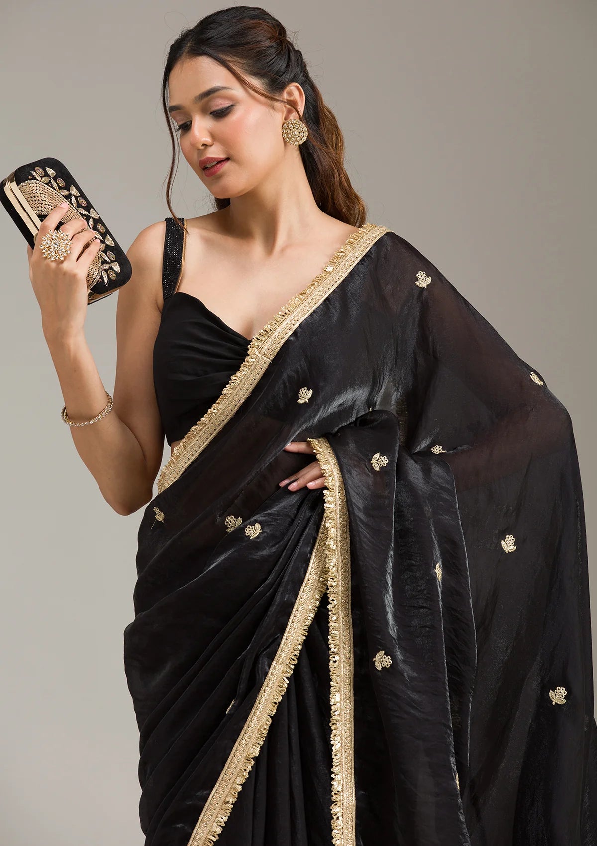 Black Tissue Gold Zariwork Saree With Matching Blouse Piece