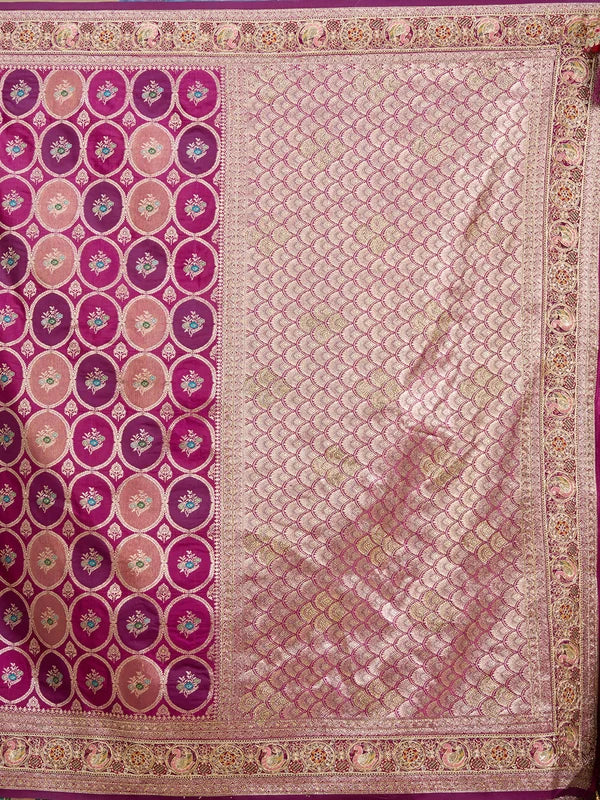 Wine Silk Jaal Gold Zariwork Saree With Matching Blouse Piece