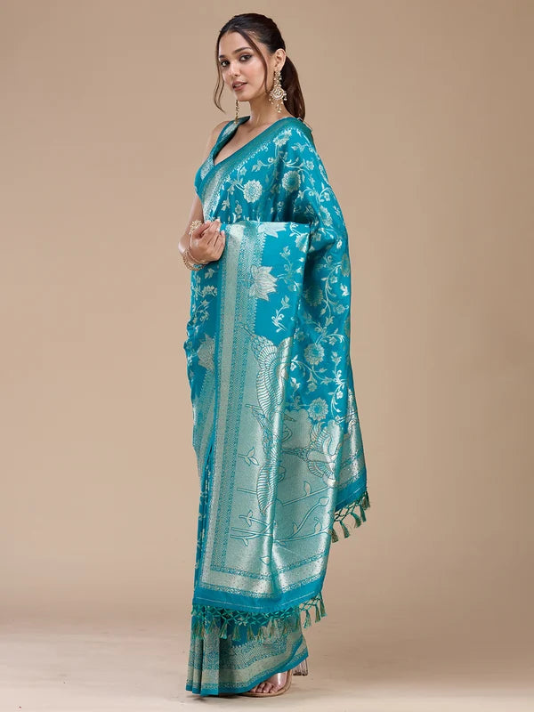 Turquoise Blue Silk Jaal Stonework Saree With Matching Blouse Piece