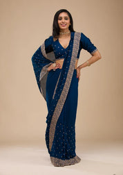 Navyy Blue Soft Raw Silk Gold Zariwork Saree With Matchingg Blouse Piece