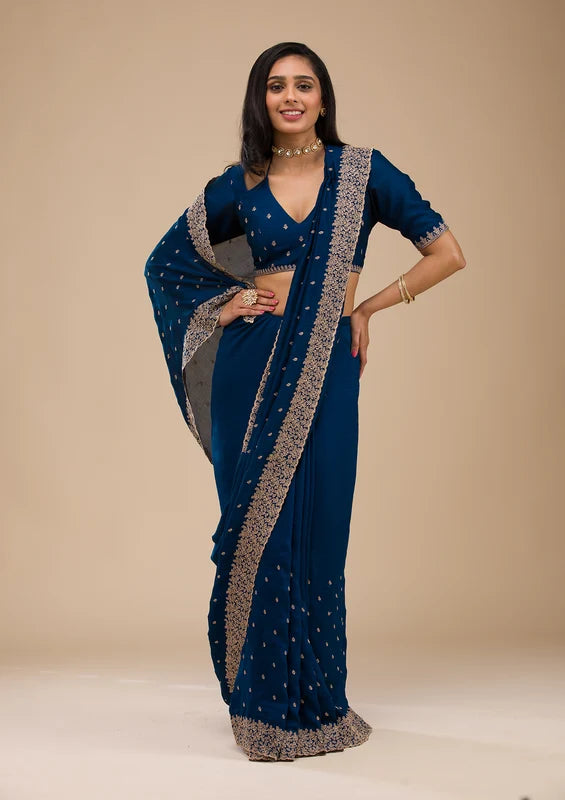 Navyy Blue Soft Raw Silk Gold Zariwork Saree With Matchingg Blouse Piece