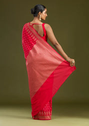 Magenta Pink Georgette Buti Gold Zariwork Saree With Matching Blouse Piece
