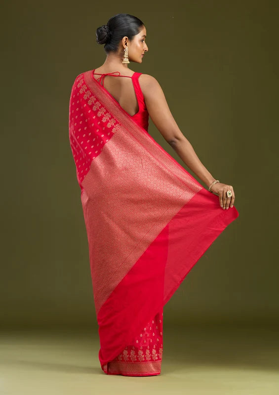 Magenta Pink Georgette Buti Gold Zariwork Saree With Matching Blouse Piece