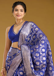 Royal Blue Cotton Jaal Zariwork Saree With Matching Blouse Piece