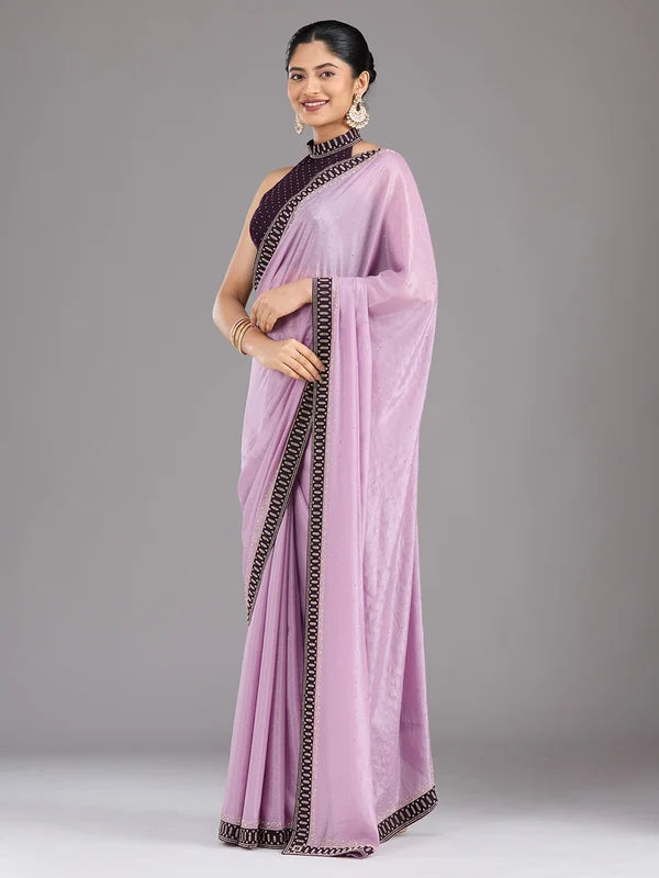 Lavender Satin Gold Stonework Saree With Matching Blouse Piece