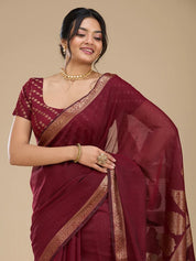 Maroon Silk Plain Saree With Matching Blouse Piece