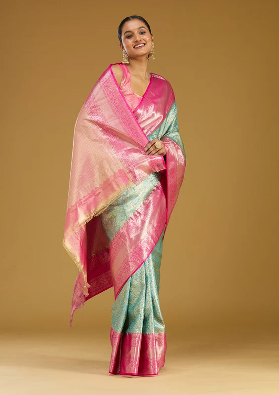 Mehendi Green Silk Jaal Gold Zariwork Saree With Matching Blouse Piece