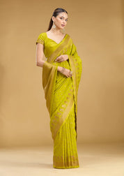 Mehandi Green Georgette Buti Gold Zariwork Saree With Matching Blouse Piece