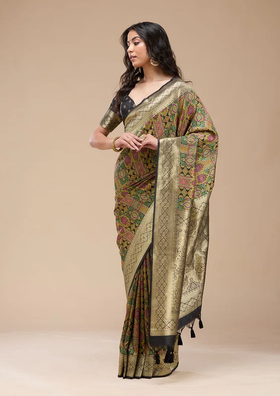 Black Silk Jaal Printed Saree With Matching Blouse Piece