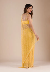 Mustard Chiffon Threadworkk Saree With Matching Blouse Piece