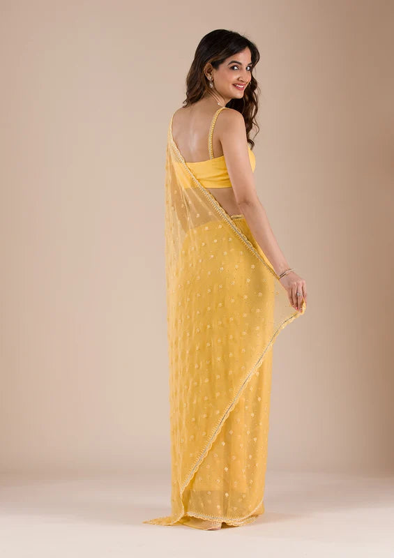 Mustard Chiffon Threadworkk Saree With Matching Blouse Piece