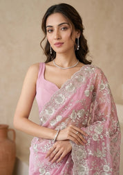 Elegant Floral Embroidered Saree with Ornate Border in Blush Pink & Aqua  Bridelook