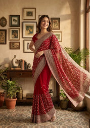 Rani Pink Georgette Gold Zariwork Saree With Matching Blouse Piece