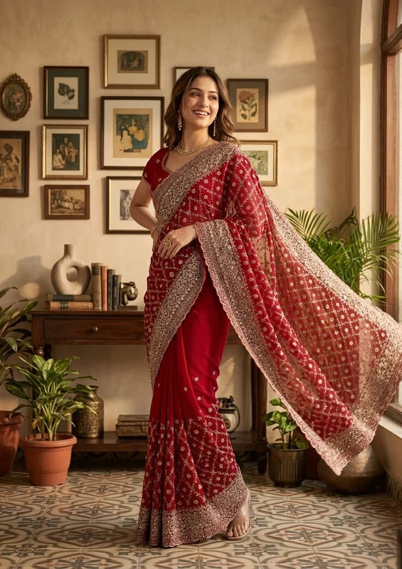 Rani Pink Georgette Gold Zariwork Saree With Matching Blouse Piece