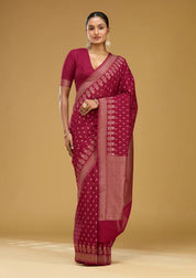 Wine Georgette Buti Gold Zariwork Saree With Matching Blouse Piece