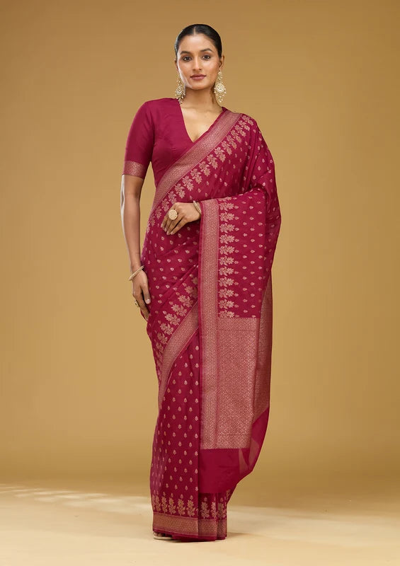 Wine Georgette Buti Gold Zariwork Saree With Matching Blouse Piece