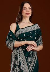 Bottle Green Soft Raw Silk Silver Zariwork Saree With Matching Blouse Piece