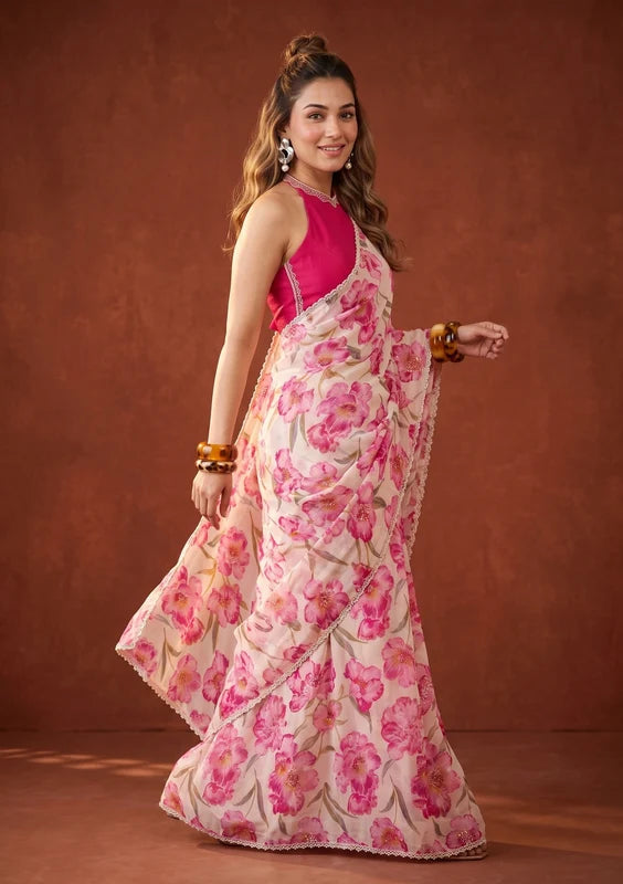 Off White Tissue Sequins Saree With Matching Blouse Piece