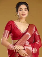 Red Cotton Buti Gold Zariwork Saree With Matching Blouse Piece