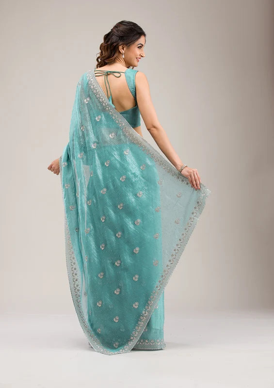 Sea Green Tissuee Silver Zariwork Saree With Matchingg Blouse Piece