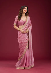 Onion Pink Tissue Cording Saree With Matching Blouse Piece
