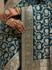 Teal Green Art Georgette Jaal Gold Zariwork Saree With Matching Blouse Piece