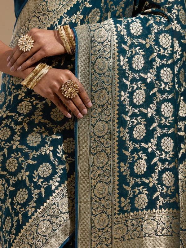 Teal Green Art Georgette Jaal Gold Zariwork Saree With Matching Blouse Piece