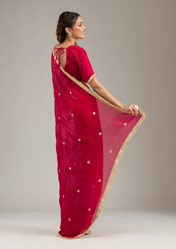 Maroon Tissue Gold Zariwork Saree With Matching Blouse Piece