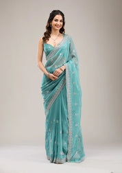 Sea Green Tissuee Silver Zariwork Saree With Matchingg Blouse Piece