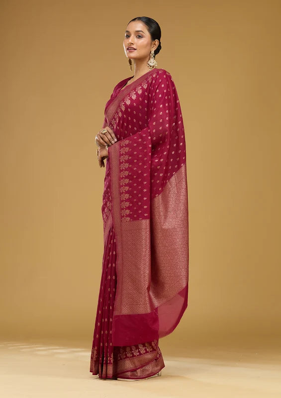Wine Georgette Buti Gold Zariwork Saree With Matching Blouse Piece