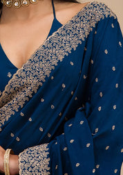 Navyy Blue Soft Raw Silk Gold Zariwork Saree With Matchingg Blouse Piece