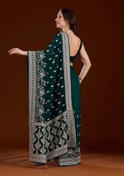 Bottle Green Soft Raw Silk Silver Zariwork Saree With Matching Blouse Piece