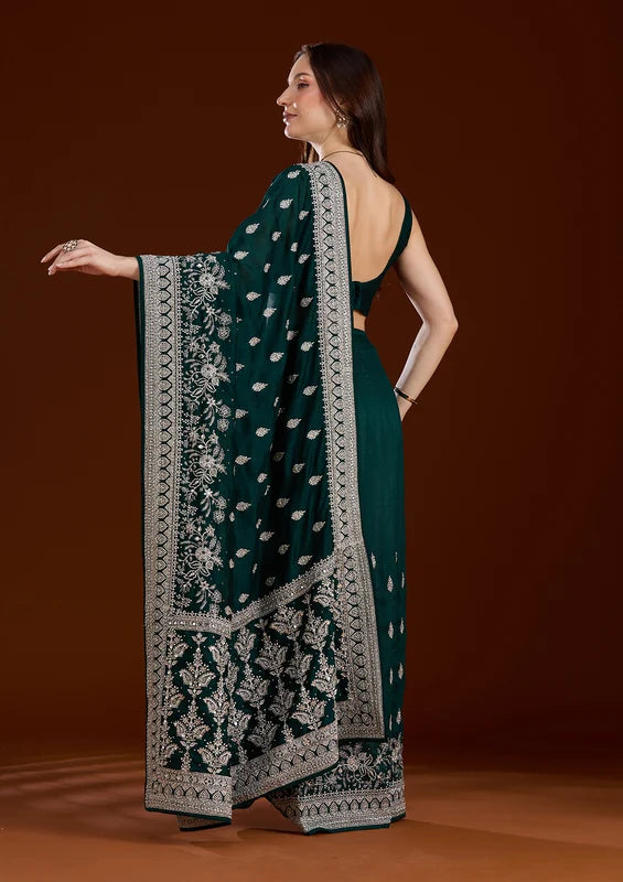 Bottle Green Soft Raw Silk Silver Zariwork Saree With Matching Blouse Piece