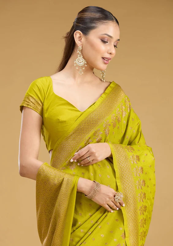 Mehandi Green Georgette Buti Gold Zariwork Saree With Matching Blouse Piece