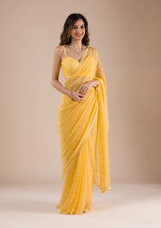 Mustard Chiffon Threadworkk Saree With Matching Blouse Piece