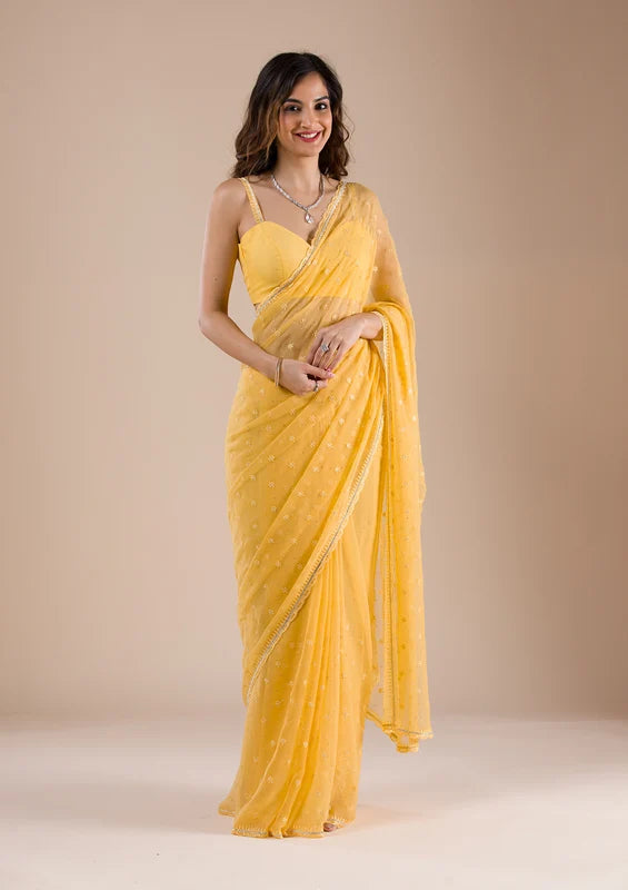 Mustard Chiffon Threadworkk Saree With Matching Blouse Piece
