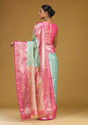 Mehendi Green Silk Jaal Gold Zariwork Saree With Matching Blouse Piece