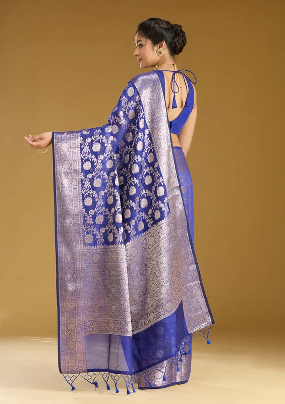 Royal Blue Cotton Jaal Zariwork Saree With Matching Blouse Piece