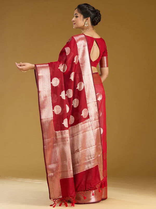 Red Cotton Buti Gold Zariwork Saree With Matching Blouse Piece