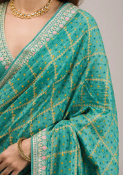 Turquoise Blue Soft Raw Silk Gold Zariwork Saree With Matching Blouse Piece