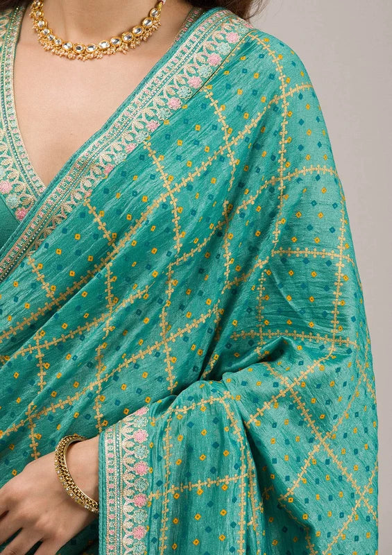 Turquoise Blue Soft Raw Silk Gold Zariwork Saree With Matching Blouse Piece