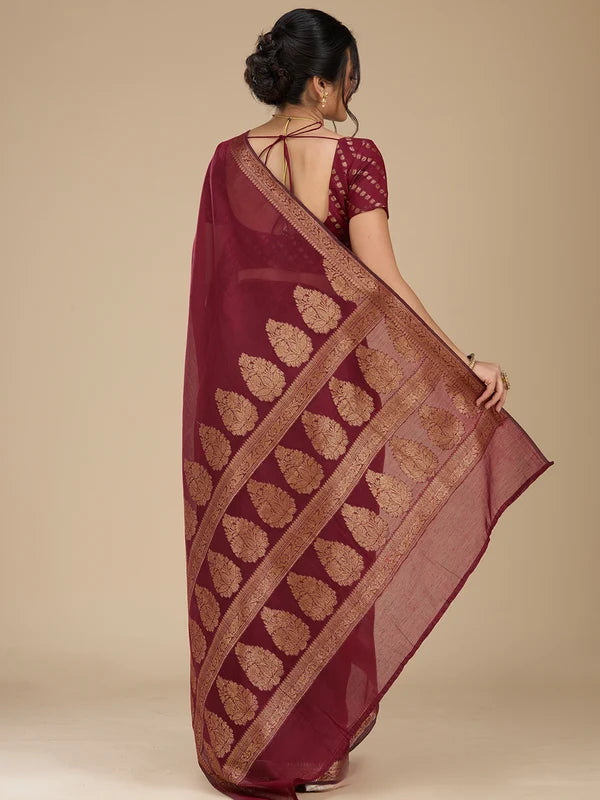 Maroon Silk Plain Saree With Matching Blouse Piece