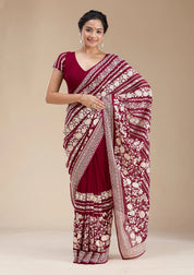 Wine Georgette Threadwork Saree With Matching Blouse Piece